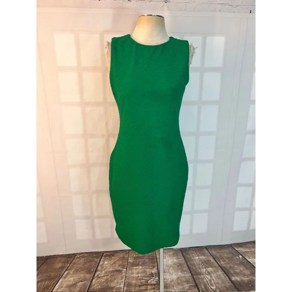 Calvin Klein Green Textured Jewel Neck Sleeveless Lined Sheath Dress Size 6